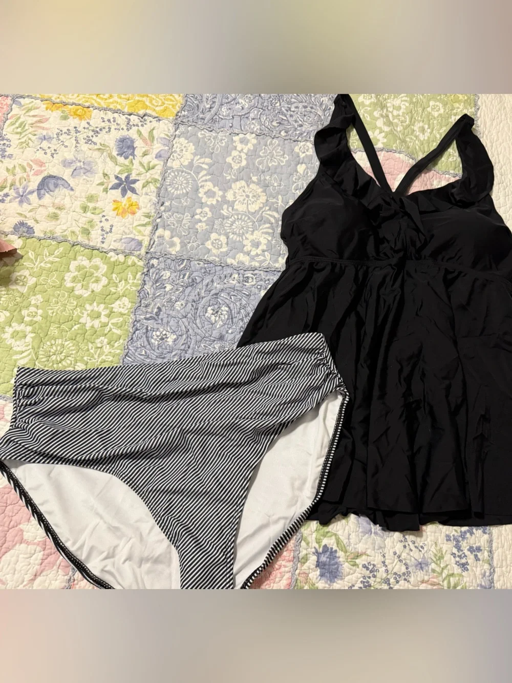Black Tankini Swim Dress with Black & White Striped Briefs